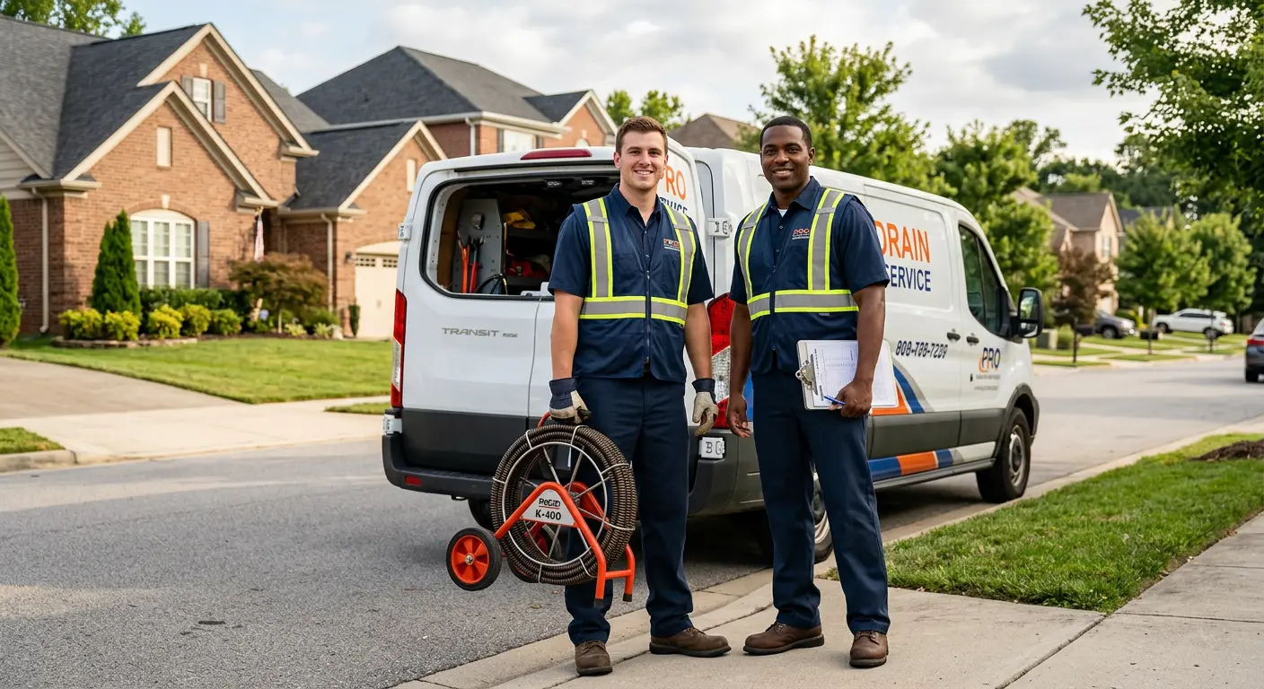 Sewer and drain service team with equipment ready for work in Bacliff