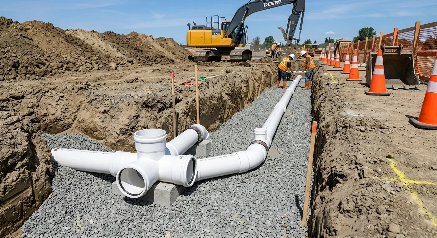 New PVC sewer pipe installation in open trench for Sewer Backup in Bacliff