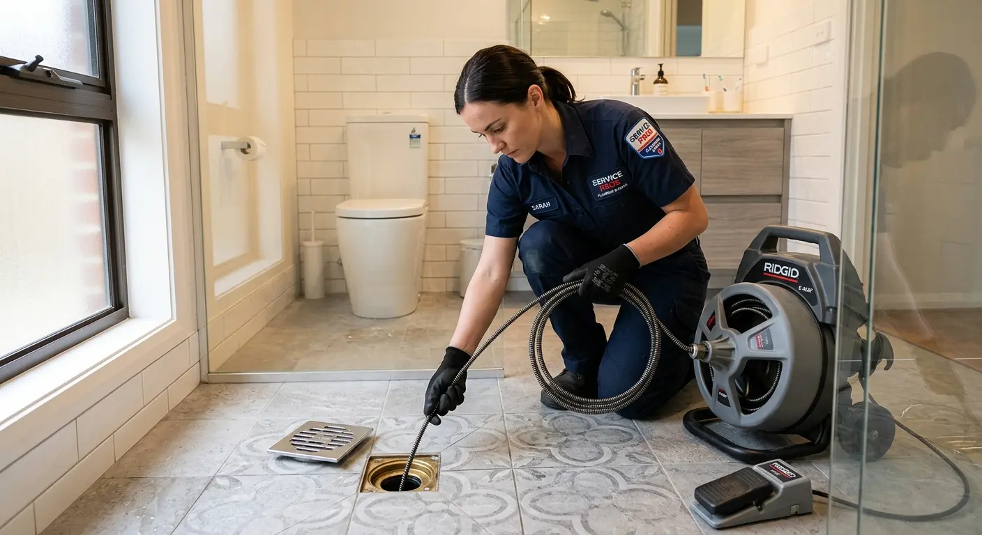 Technician clearing a bathroom floor drain for Sewer Line Installation in Bacliff